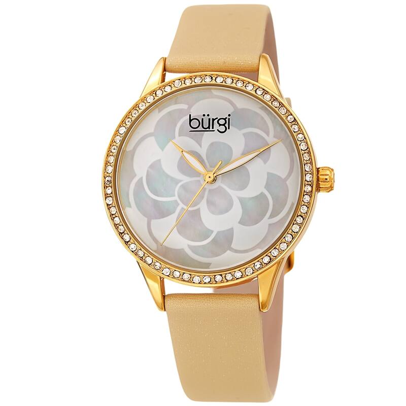 Burgi Ladies Swarovski Crystal Mother of Pearl Floral Cream Leather Strap Watch