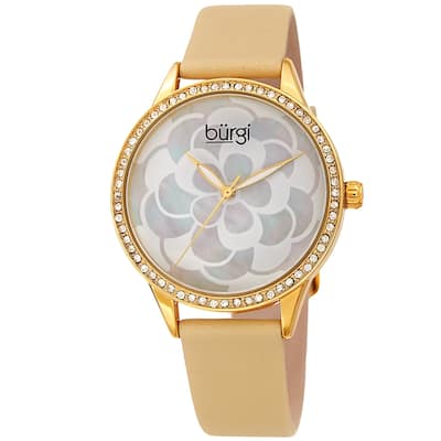 Burgi Ladies Swarovski Crystal Mother of Pearl Floral Cream Leather Strap Watch