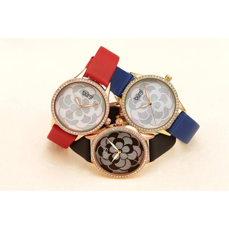 Burgi Ladies Swarovski Crystal Mother of Pearl Floral Cream Leather Strap Watch