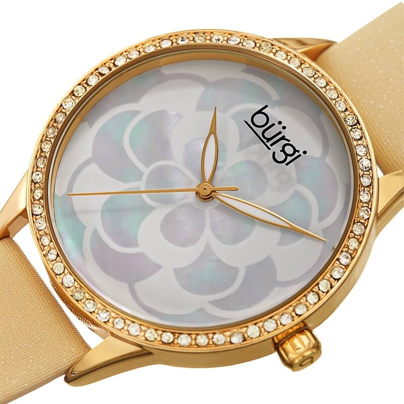 Burgi Ladies Swarovski Crystal Mother of Pearl Floral Cream Leather Strap Watch