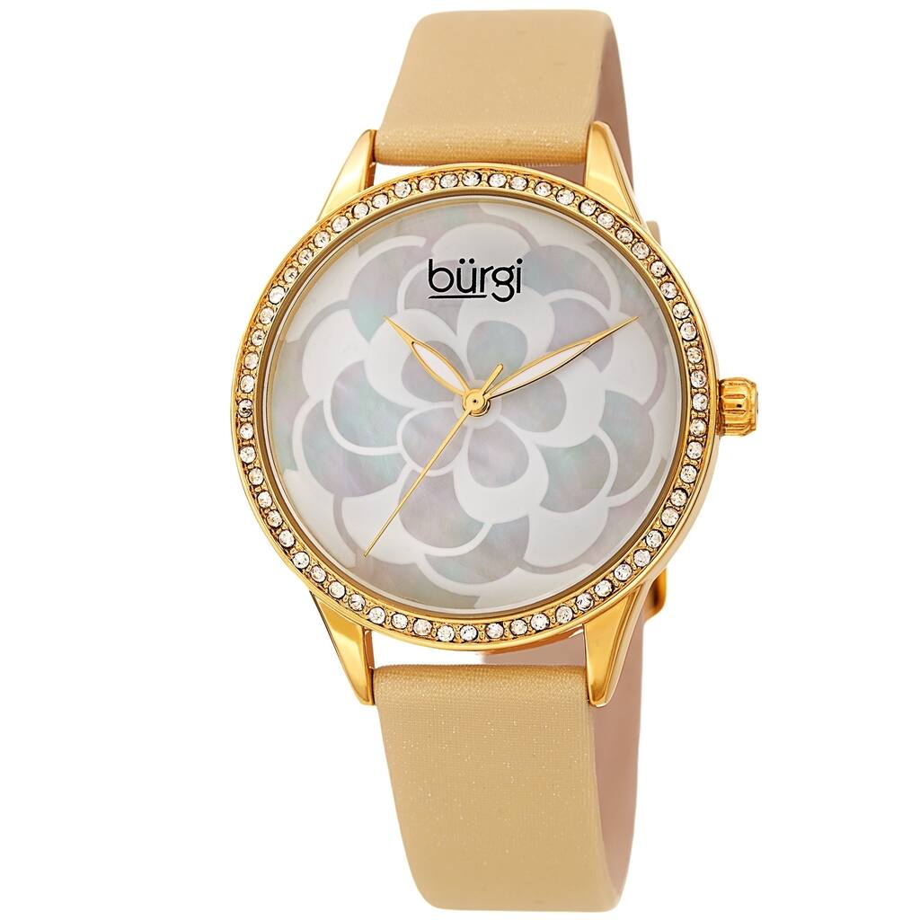Burgi Ladies Swarovski Crystal Mother of Pearl Floral Cream Leather Strap Watch