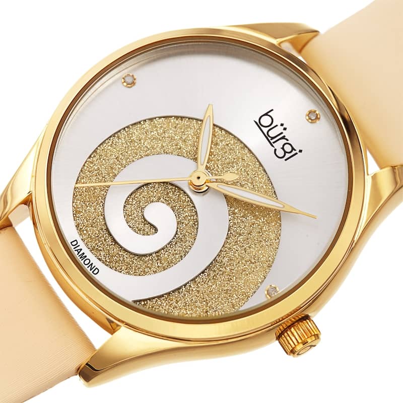 Burgi Ladies Diamond Swarovski Crystal Swirl Cream Satin Strap Watch
