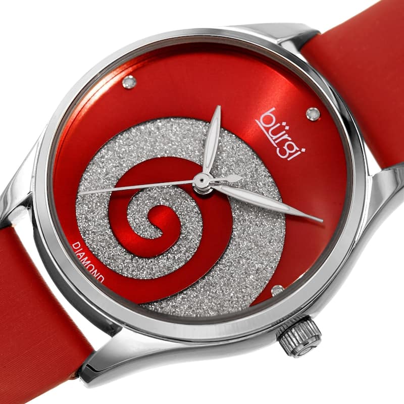 Burgi Ladies Diamond Swarovski Crystal Swirl Red Satin Strap Watch