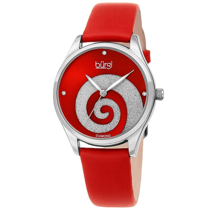 Burgi Ladies Diamond Swarovski Crystal Swirl Red Satin Strap Watch