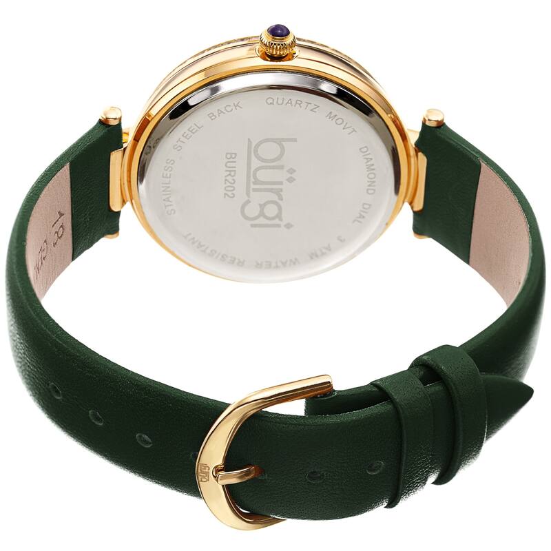 Burgi Ladies Diamond Baguette Crystal Whirlwind Dial Green Leather Strap Watch