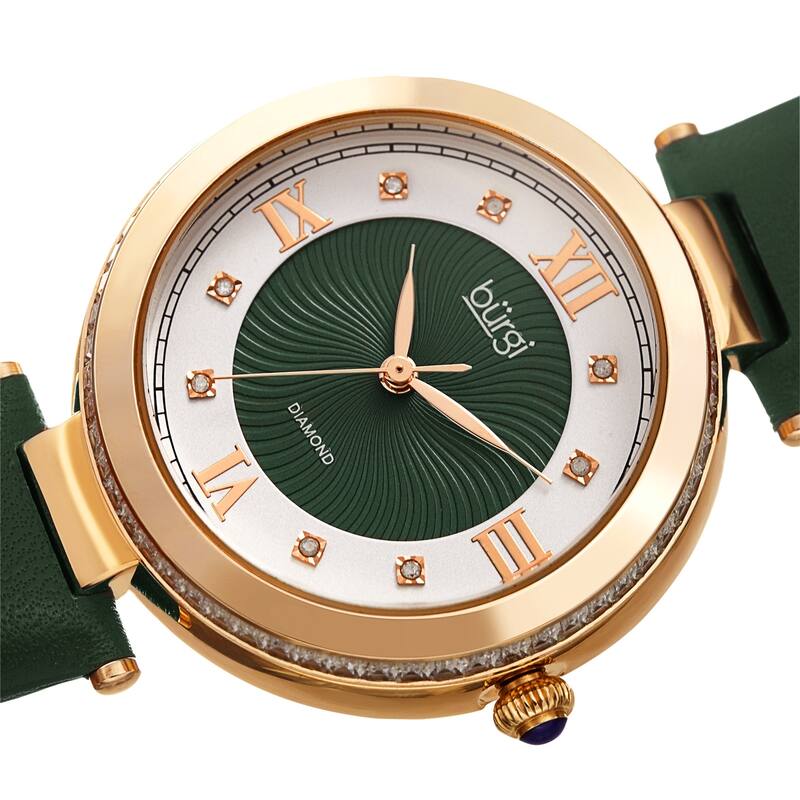 Burgi Ladies Diamond Baguette Crystal Whirlwind Dial Green Leather Strap Watch