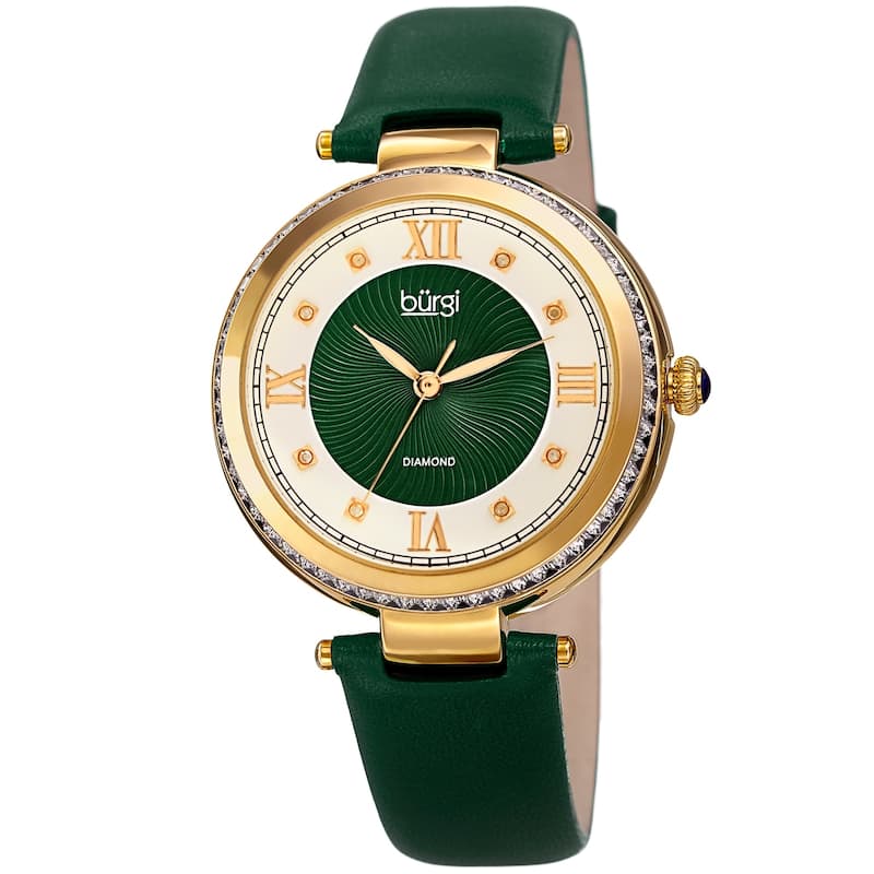 Burgi Ladies Diamond Baguette Crystal Whirlwind Dial Green Leather Strap Watch
