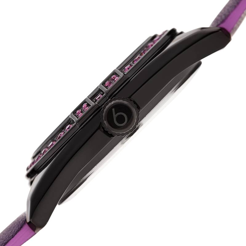 Burgi Ladies Swarovski Crystal Sunray Dial Purple Leather Strap Watch
