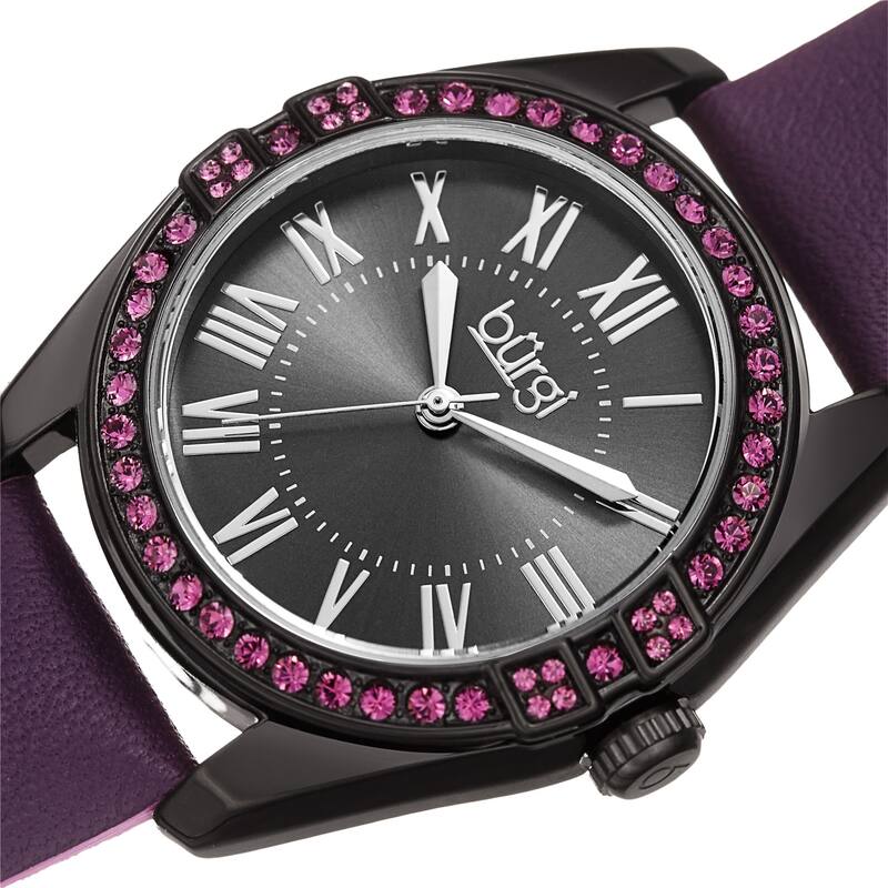 Burgi Ladies Swarovski Crystal Sunray Dial Purple Leather Strap Watch