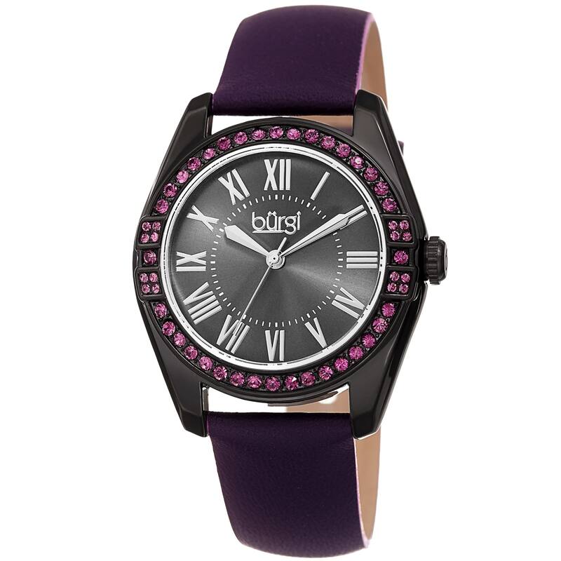 Burgi Ladies Swarovski Crystal Sunray Dial Purple Leather Strap Watch