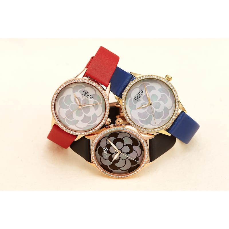 Burgi Ladies Swarovski Crystal Mother of Pearl Floral Red Leather Strap Watch