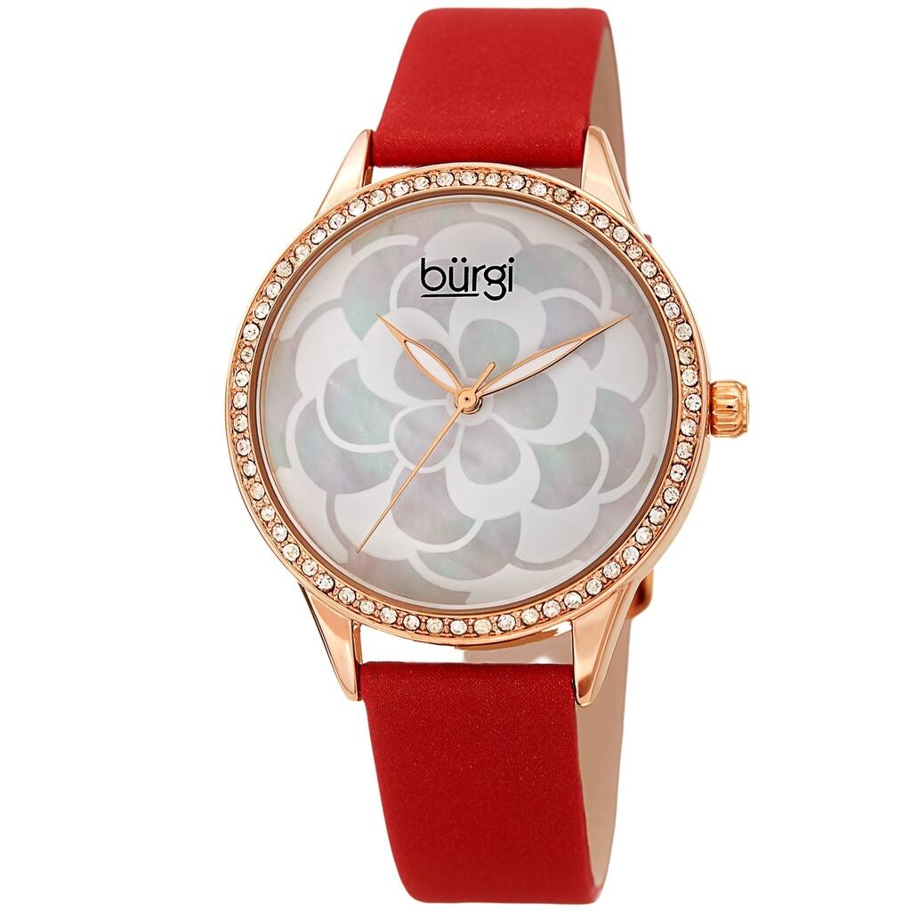 Burgi Ladies Swarovski Crystal Mother of Pearl Floral Red Leather Strap Watch