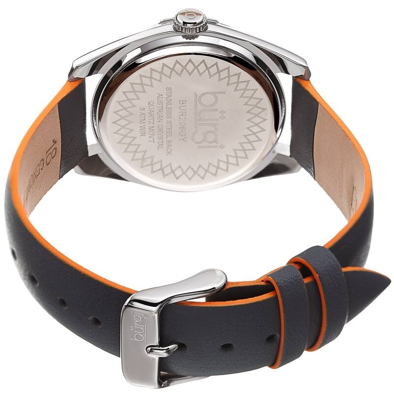 Burgi Ladies Swarovski Crystal Sunray Dial Grey Leather Strap Watch