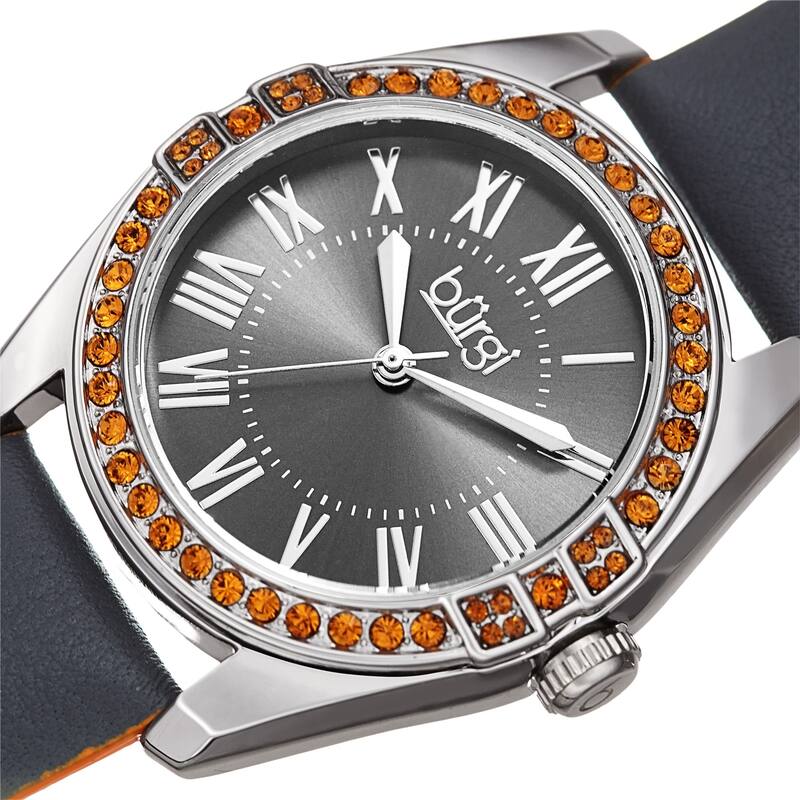 Burgi Ladies Swarovski Crystal Sunray Dial Grey Leather Strap Watch
