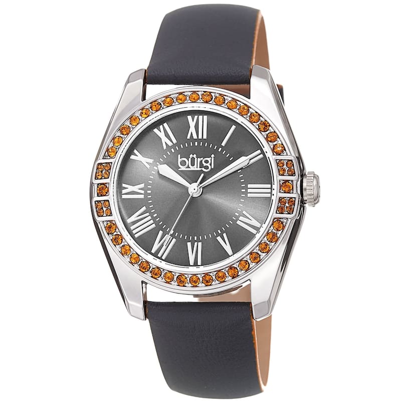 Burgi Ladies Swarovski Crystal Sunray Dial Grey Leather Strap Watch