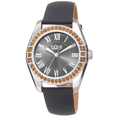 Burgi Ladies Swarovski Crystal Sunray Dial Grey Leather Strap Watch