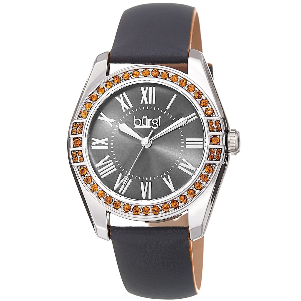 Burgi Ladies Swarovski Crystal Sunray Dial Grey Leather Strap Watch