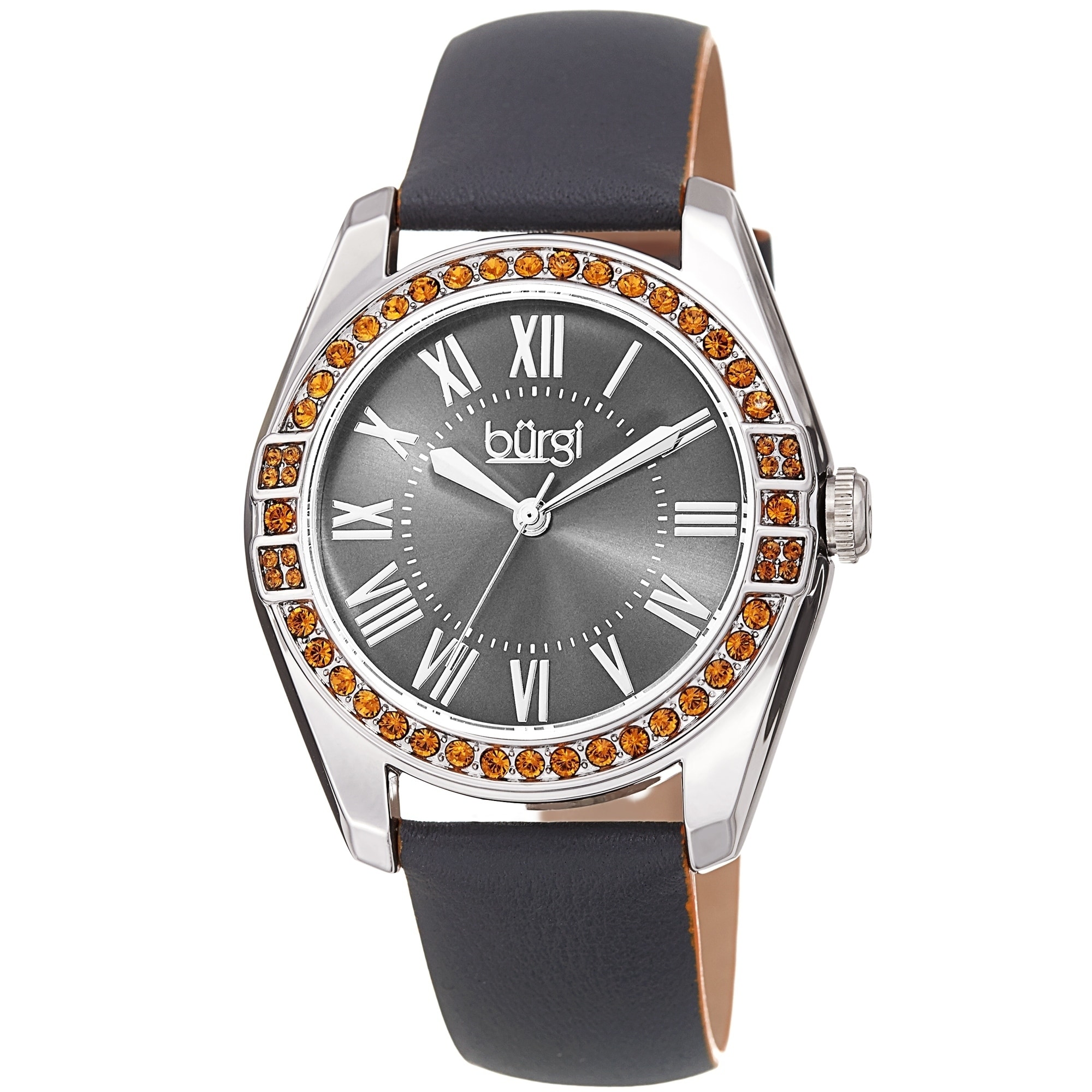 Burgi Ladies Swarovski Crystal Sunray Dial Grey Leather Strap Watch