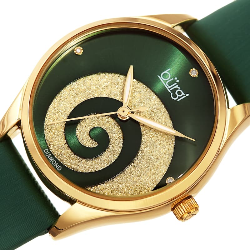 Burgi Ladies Diamond Swarovski Crystal Swirl Green Satin Strap Watch