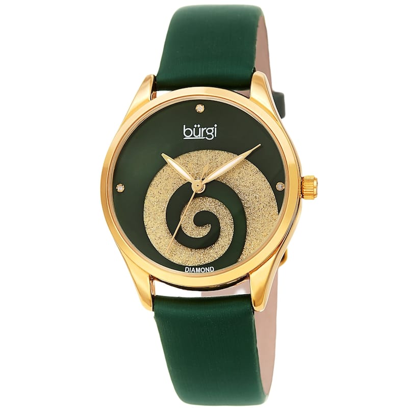 Burgi Ladies Diamond Swarovski Crystal Swirl Green Satin Strap Watch