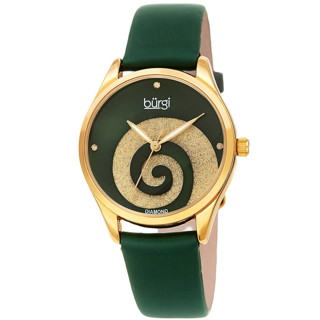 Burgi Ladies Diamond Swarovski Crystal Swirl Green Satin Strap Watch