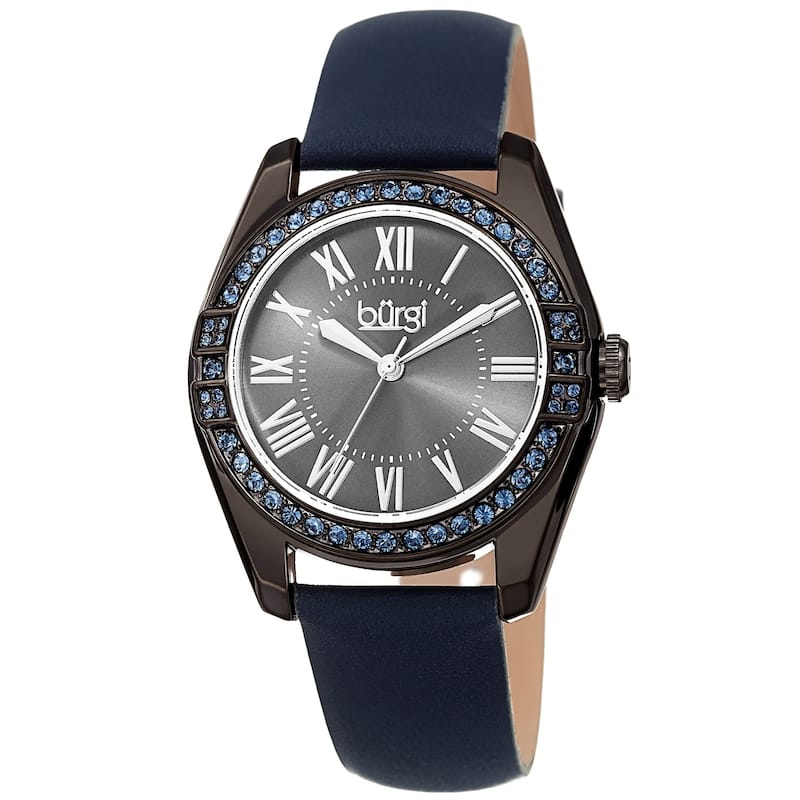 Burgi Ladies Swarovski Crystal Sunray Dial Blue Leather Strap Watch