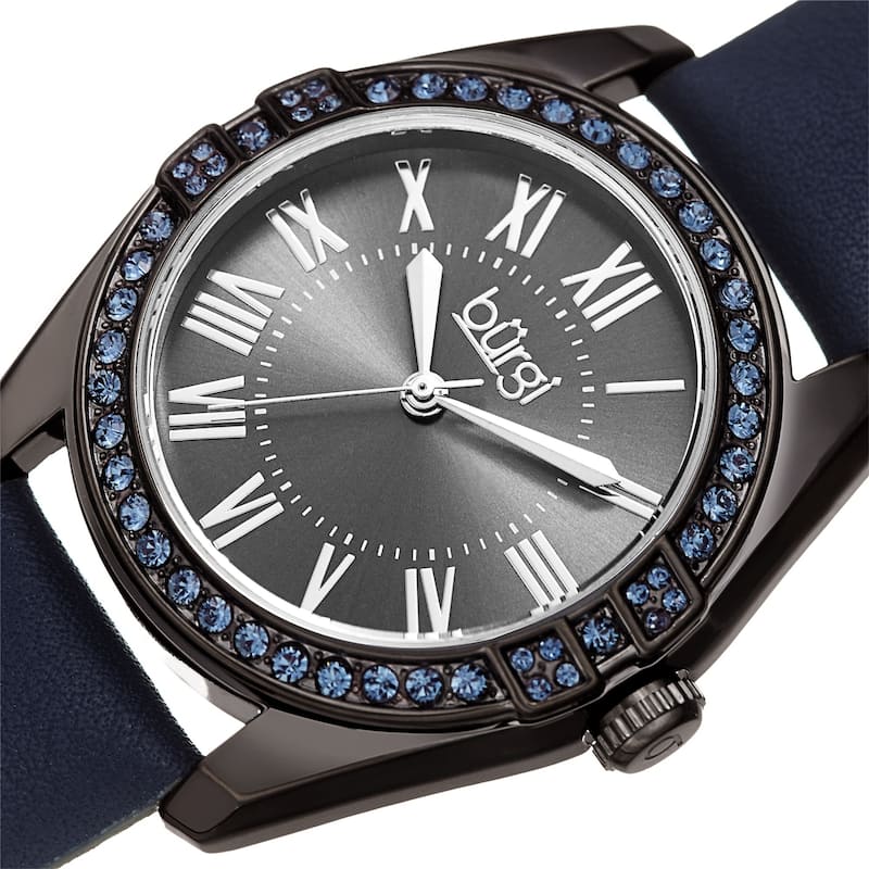 Burgi Ladies Swarovski Crystal Sunray Dial Blue Leather Strap Watch