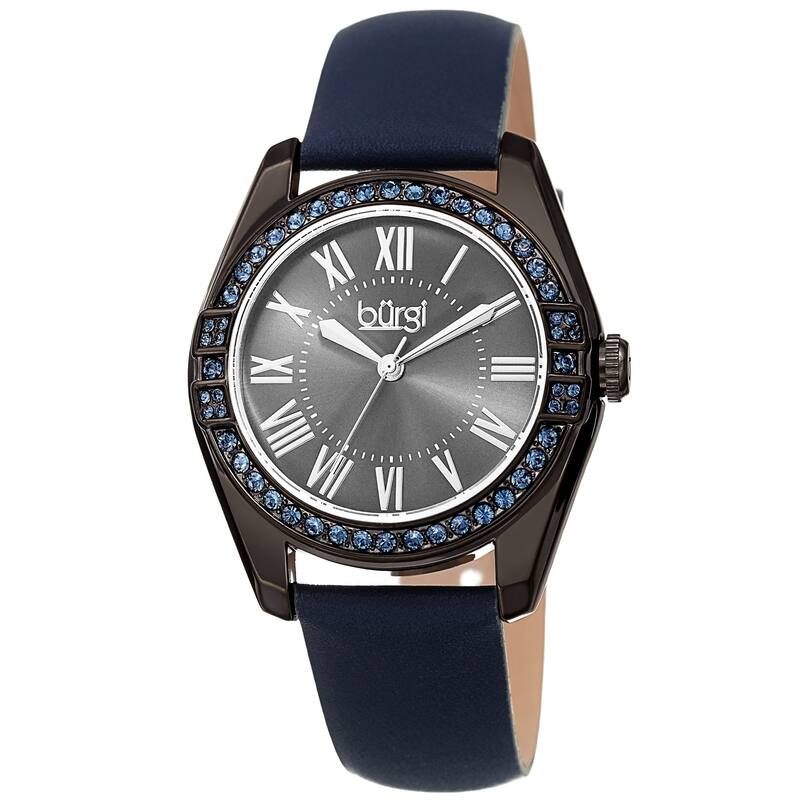 Burgi Ladies Swarovski Crystal Sunray Dial Blue Leather Strap Watch