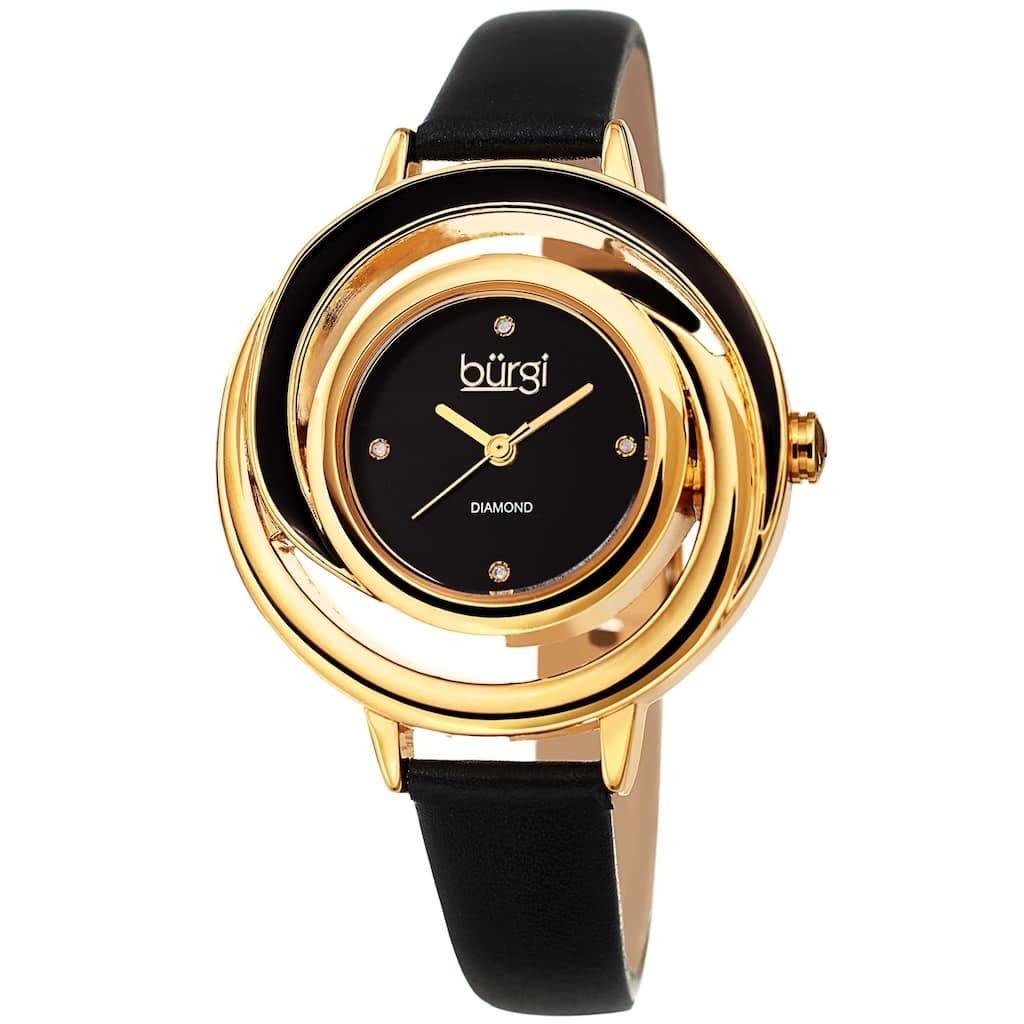 Burgi Ladies Floating Diamond Dial Black Thin Leather Strap Watch