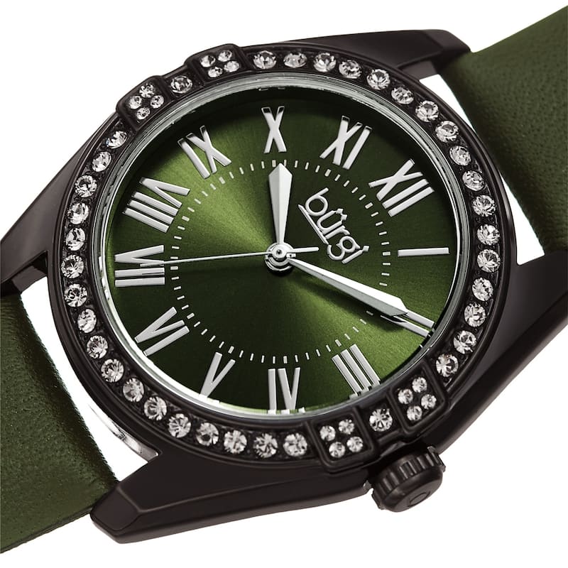 Burgi Ladies Swarovski Crystal Sunray Dial Green Leather Strap Watch
