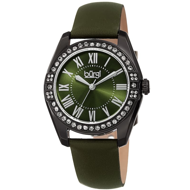 Burgi Ladies Swarovski Crystal Sunray Dial Green Leather Strap Watch