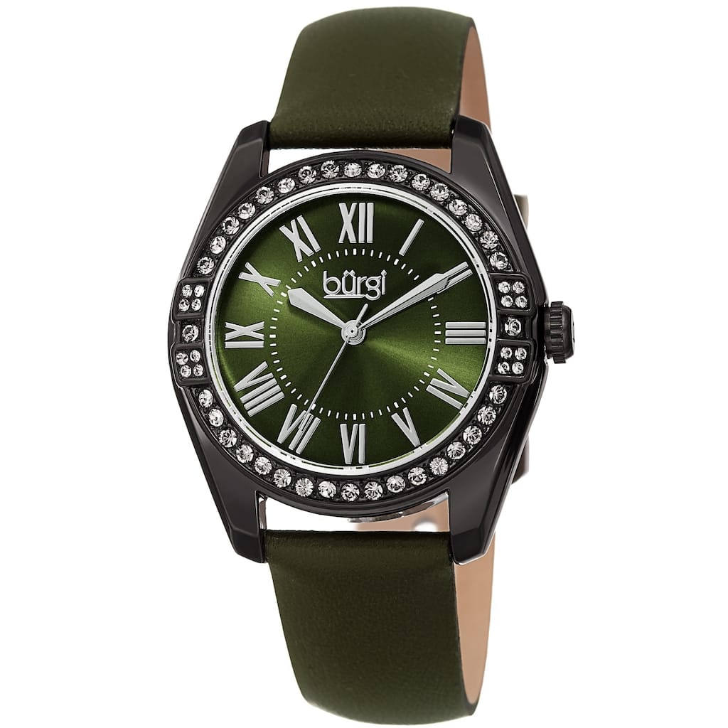 Burgi Ladies Swarovski Crystal Sunray Dial Green Leather Strap Watch