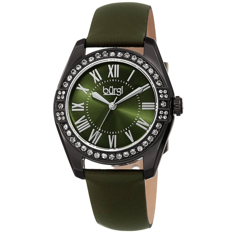 Burgi Ladies Swarovski Crystal Sunray Dial Green Leather Strap Watch