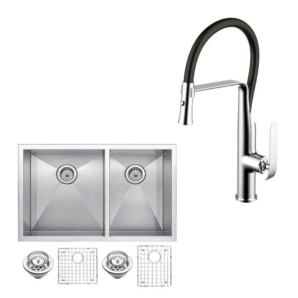 slide 1 of 3, Stainless Steel Under Mount 33" Double Bowl Kitchen Sink/Faucet Kit