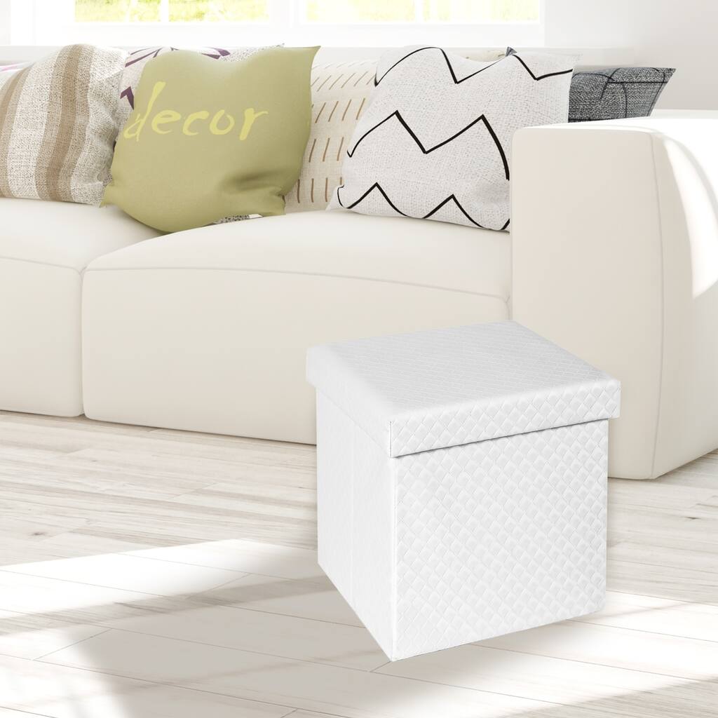 Seville Classics Faux Leather Quilted Foldable Storage Ottoman, White