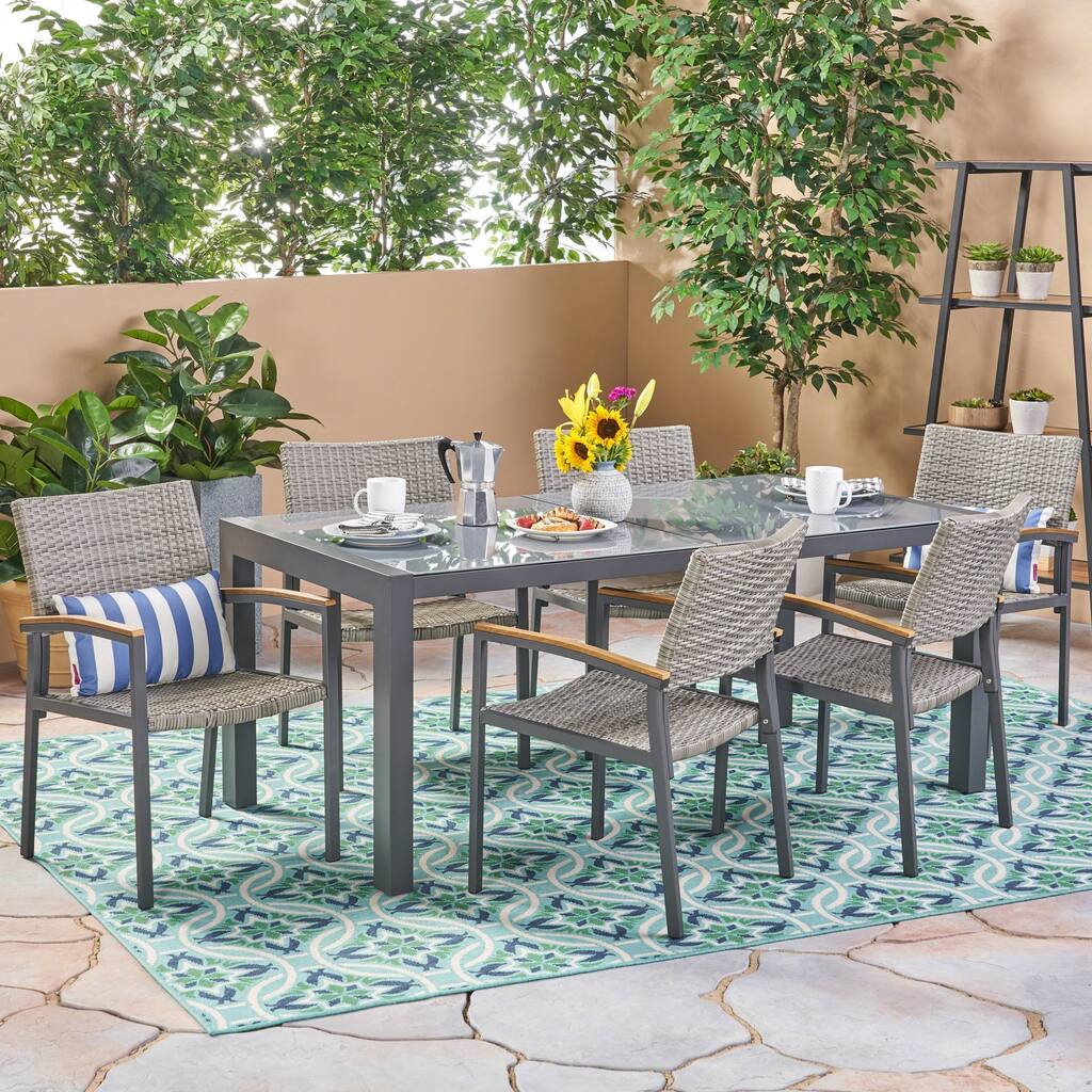 Luton Outdoor Aluminum 7 Piece Dining Set with Glass Table Top by Christopher Knight Home