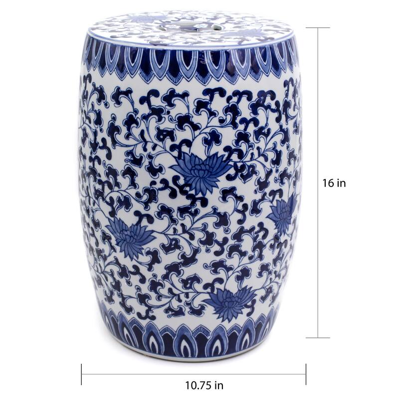 Euro Ceramica 16" Blue and White Decorative Lotus Drum Stool - 10.75 in. x 10.75 in. x 16 in.