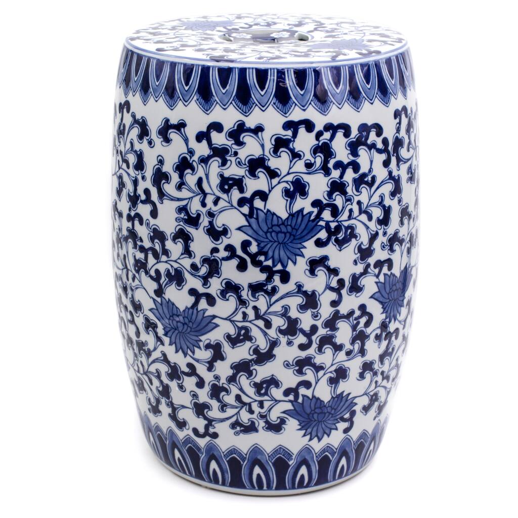 Euro Ceramica 16" Blue and White Decorative Lotus Drum Stool - 10.75 in. x 10.75 in. x 16 in.