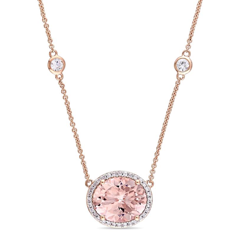 Miadora Signature Collection 14k Rose Gold Morganite and 1/6ct TDW Diamond Stationed Halo Necklace
