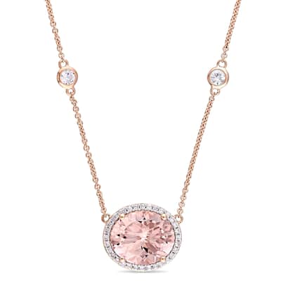 Miadora Signature Collection 14k Rose Gold Morganite and 1/6ct TDW Diamond Stationed Halo Necklace