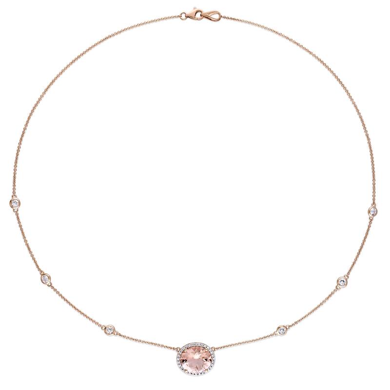 Miadora Signature Collection 14k Rose Gold Morganite and 1/6ct TDW Diamond Stationed Halo Necklace