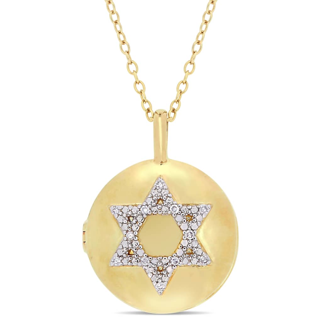 Miadora Yellow Plated Sterling Silver Diamond Accent Religious Studded Star of David Locket Necklace