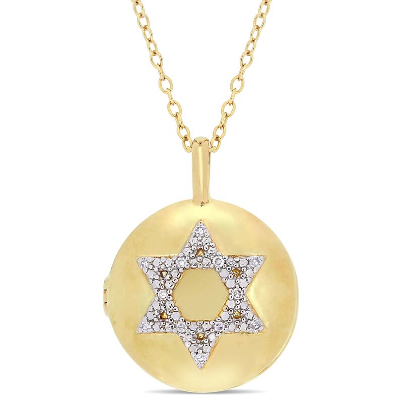 Miadora Yellow Plated Sterling Silver Diamond Accent Religious Studded Star of David Locket Necklace