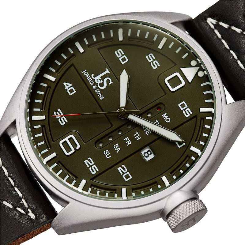Joshua & Sons Men's Pilot Style Date Green Canvas Leather Strap Watch
