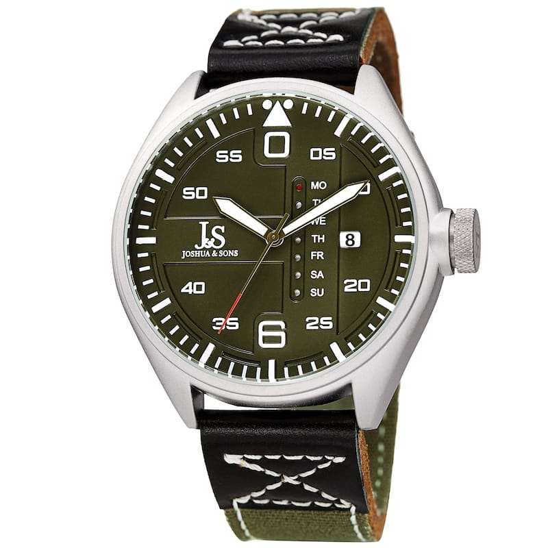 Joshua & Sons Men's Pilot Style Date Green Canvas Leather Strap Watch