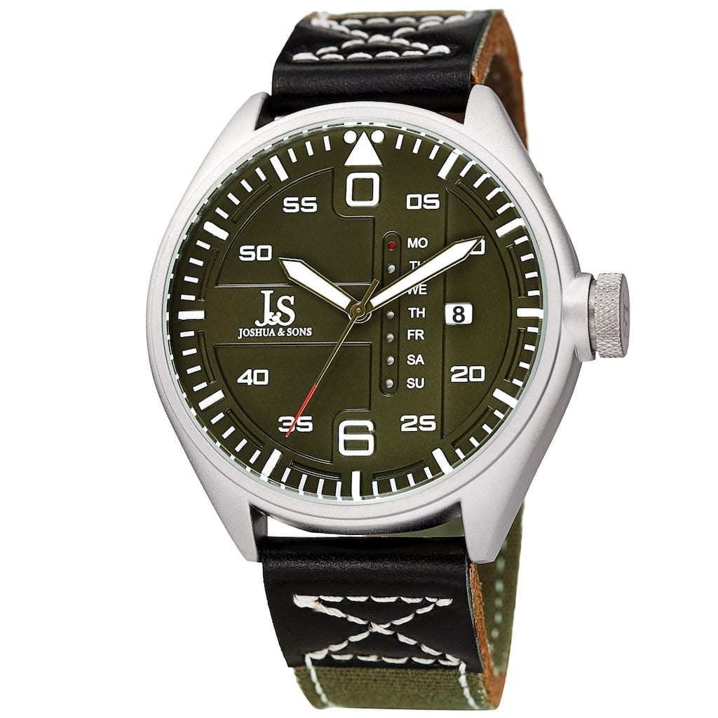 Joshua & Sons Men's Pilot Style Date Green Canvas Leather Strap Watch