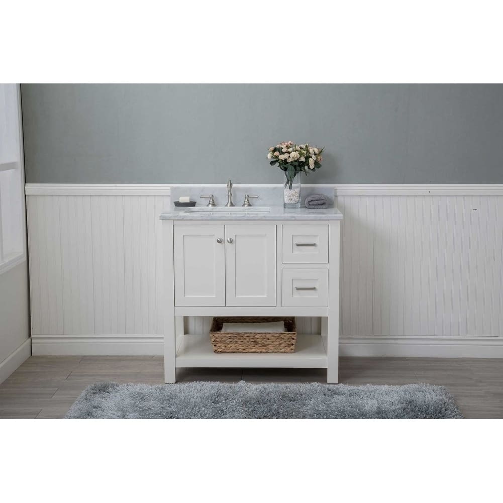 Cabinet Mania White Shaker 36" Bathroom Vanity Open Shelf w/ Marble Top
