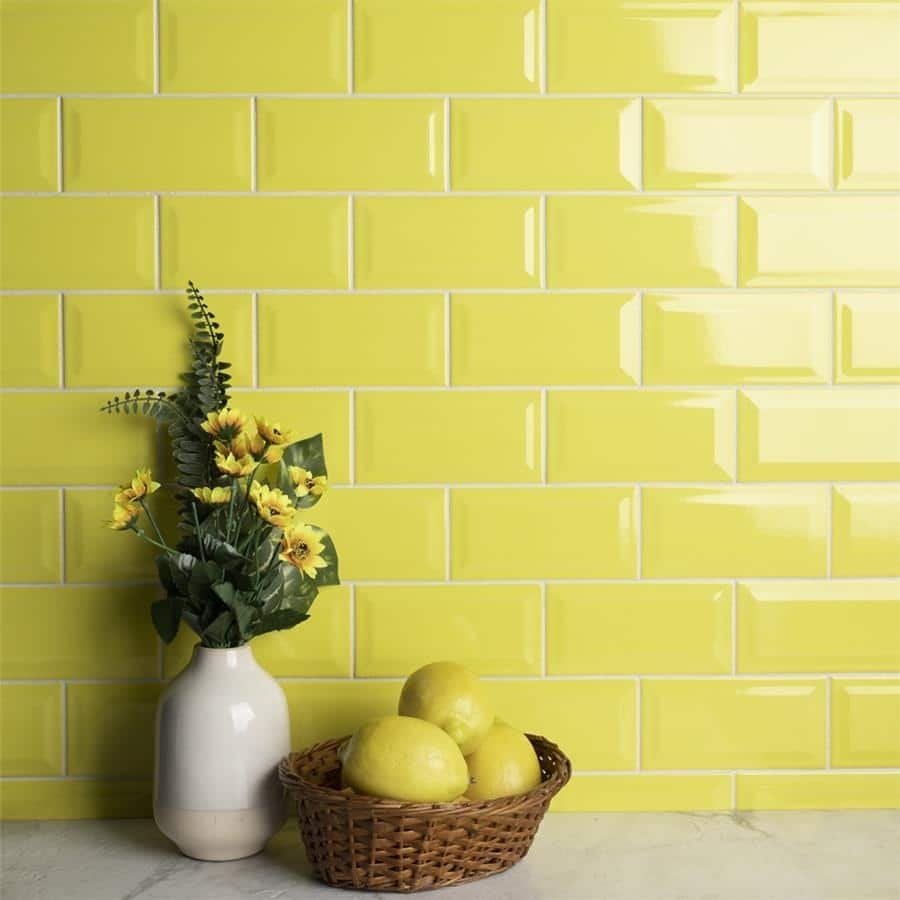 Merola Tile 3x6-inch Malda Subway Beveled Canary Yellow Ceramic Wall Tile (136 tiles/19.18 sqft.)