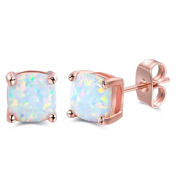 Rose Gold Plated Lab Created Square Shape Fire Opal Earrings Rose Gold Plated Lab Created Square Shape Fire Opal Earrings
