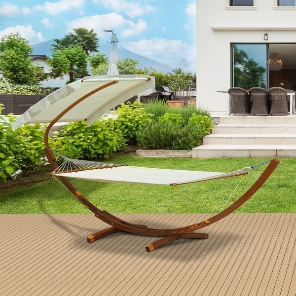 Outsunny Outdoor Patio 2 Person Wooden Hammock Swing With Sun Outsunny Outdoor Patio 2 Person Wooden Hammock Swing With Sun Shade